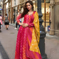 Lovely Pink Viscose Jacquard Silk Embroidered Gown with Contrast Dupatta for Women