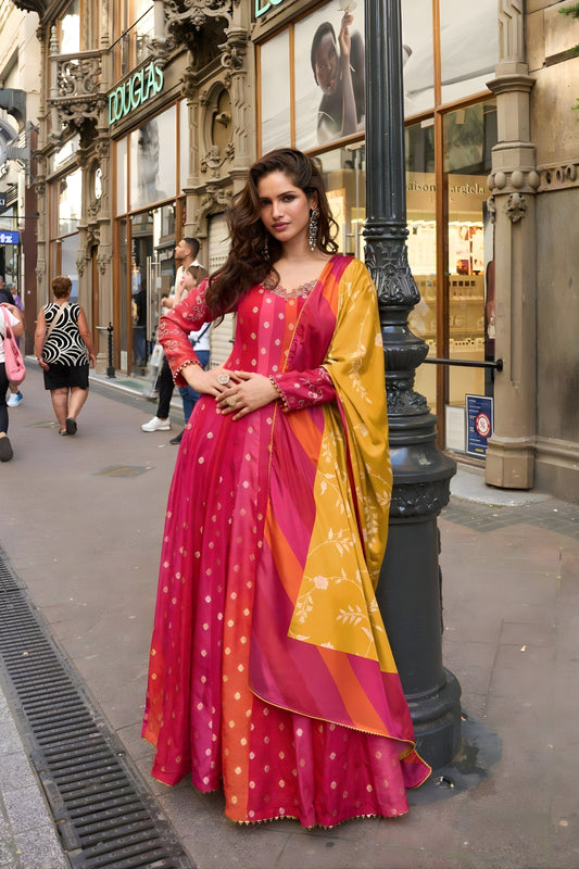 Lovely Pink Viscose Jacquard Silk Embroidered Gown with Contrast Dupatta for Women
