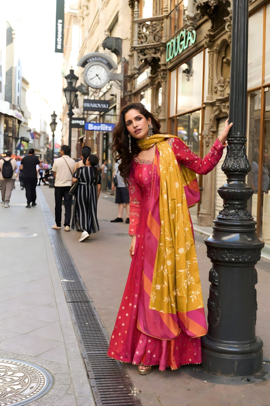 Lovely Pink Viscose Jacquard Silk Embroidered Gown with Contrast Dupatta for Women