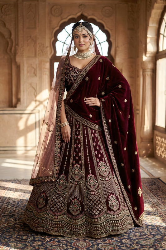 Luxury Maroon Velvet Designer Lehenga Choli with Embroidery Work and Designer Dupatta