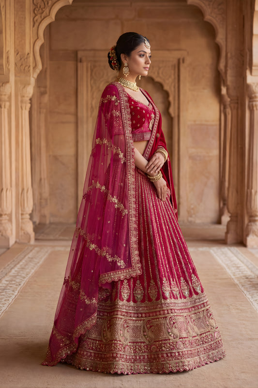 Premium Rani Pink Velvet Designer Lehenga Choli with Embroidery Work and Designer Dupatta