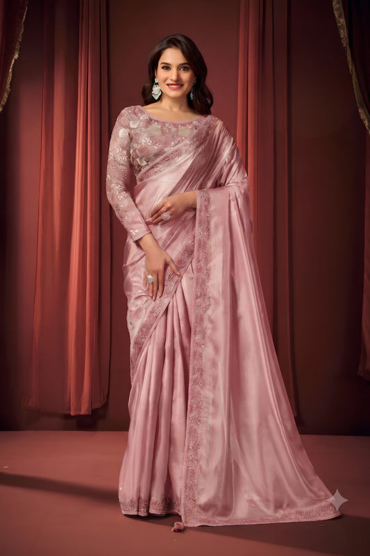 Luxury Light Pink Shimmer Organza Fancy Work Saree for Women