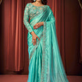 Premium Aqua Blue Shimmer Organza Fancy Work Saree for Women