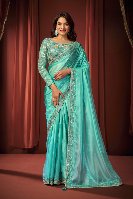 Premium Aqua Blue Shimmer Organza Fancy Work Saree for Women