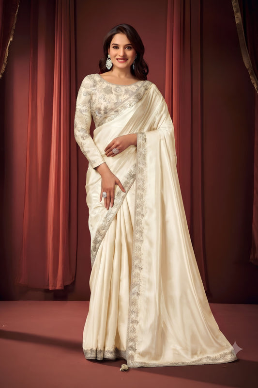 Stylish off White Shimmer Organza Fancy Work Saree for Women