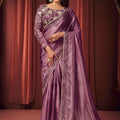 Beautiful Lavender Purple Shimmer Organza Fancy Work Saree for Women