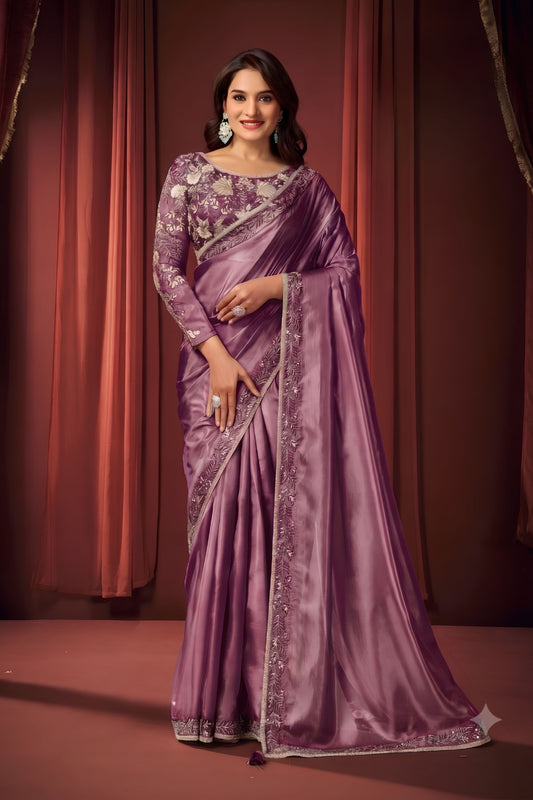 Beautiful Lavender Purple Shimmer Organza Fancy Work Saree for Women