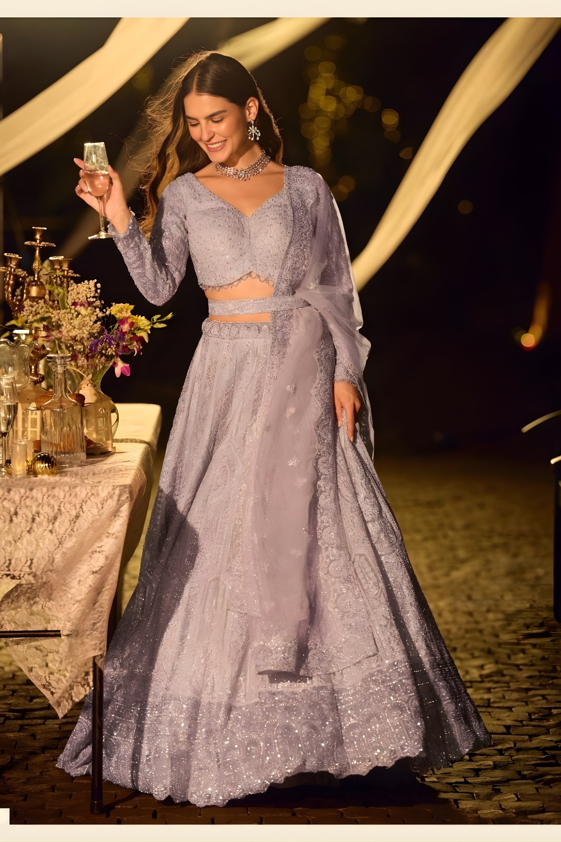 Stunning Lavender Net Embroidered Party Wear Lehenga Choli with Dupatta