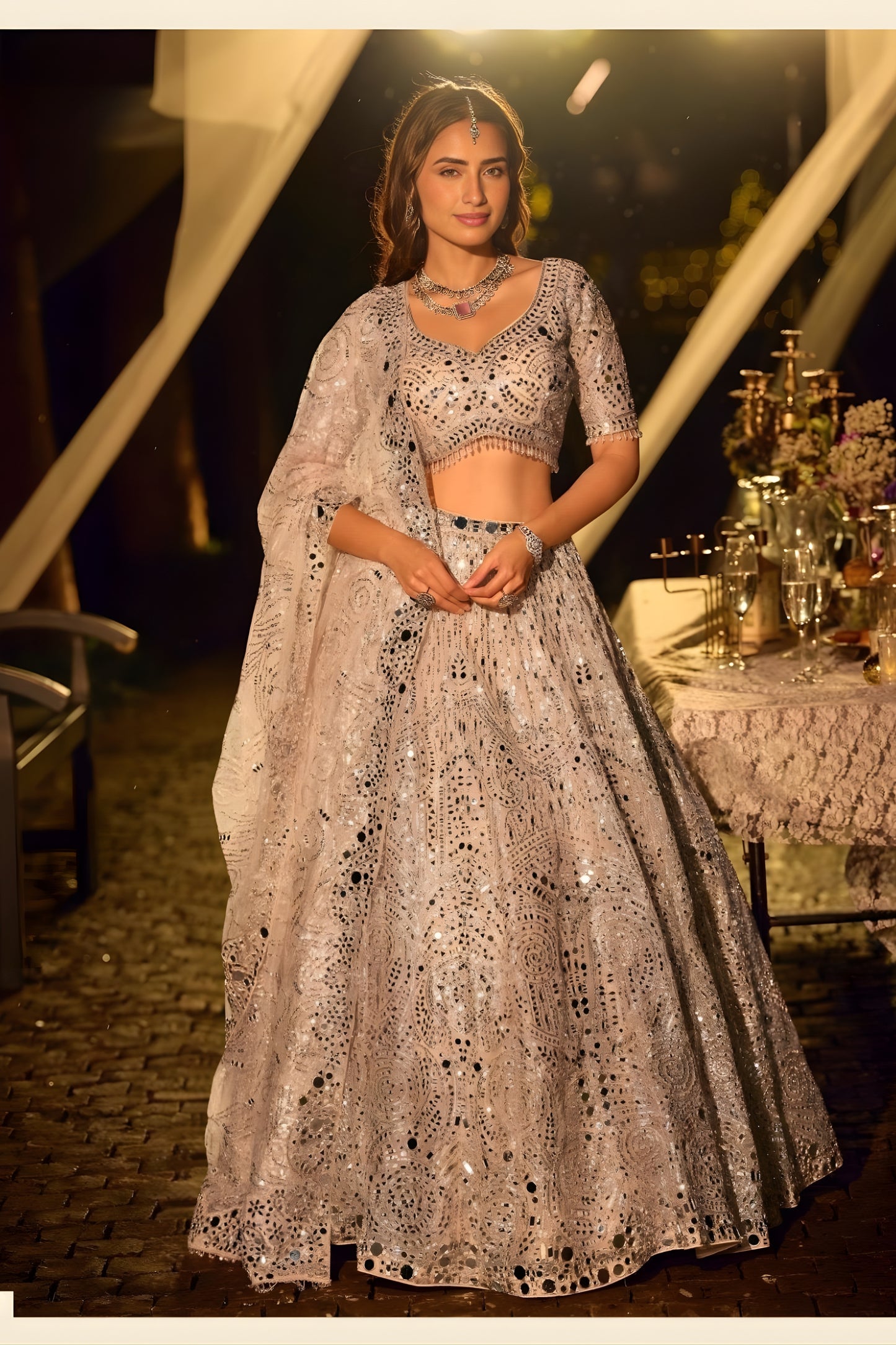 Premium Off White Mirror Work Embroidered Net Party Wear Lehenga Choli with Dupatta