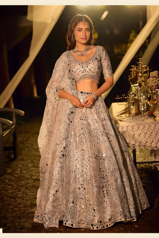 Premium Off White Mirror Work Embroidered Net Party Wear Lehenga Choli with Dupatta