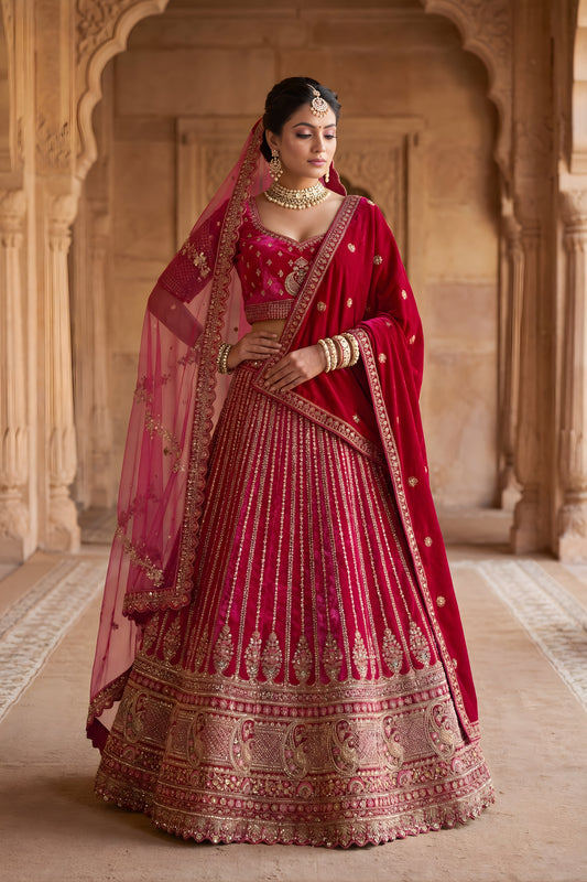 Premium Rani Pink Velvet Designer Lehenga Choli with Embroidery Work and Designer Dupatta