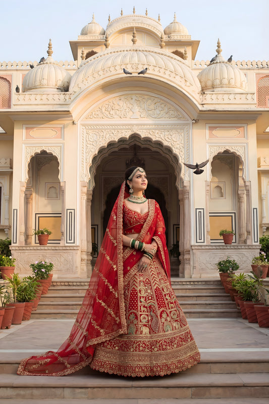Royal Red Velvet Designer Lehenga Choli with Embroidery Work and Designer Dupatta