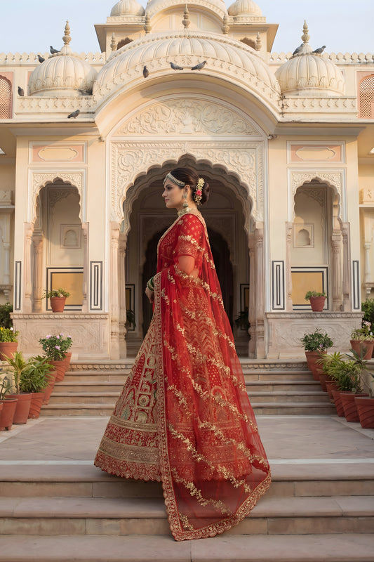 Royal Red Velvet Designer Lehenga Choli with Embroidery Work and Designer Dupatta