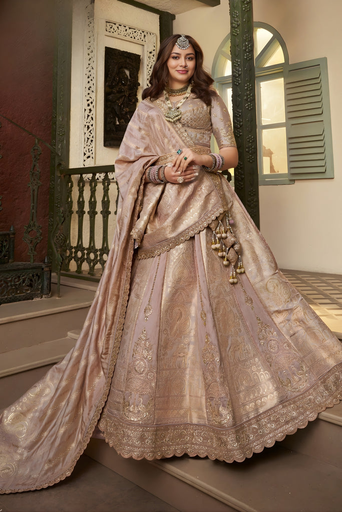 Designer Pink Banarasi Silk Embroidered Lehenga Choli with Dupatta for Wedding
