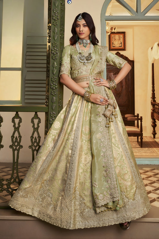 Stylish Pista Green Embroidered Banarasi Silk Lehenga Choli with Dupatta for Wedding