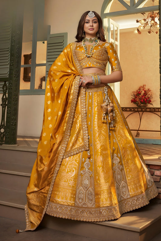 Latest Mustard Yellow Embroidered Banarasi Silk Lehenga Choli with Dupatta for Wedding