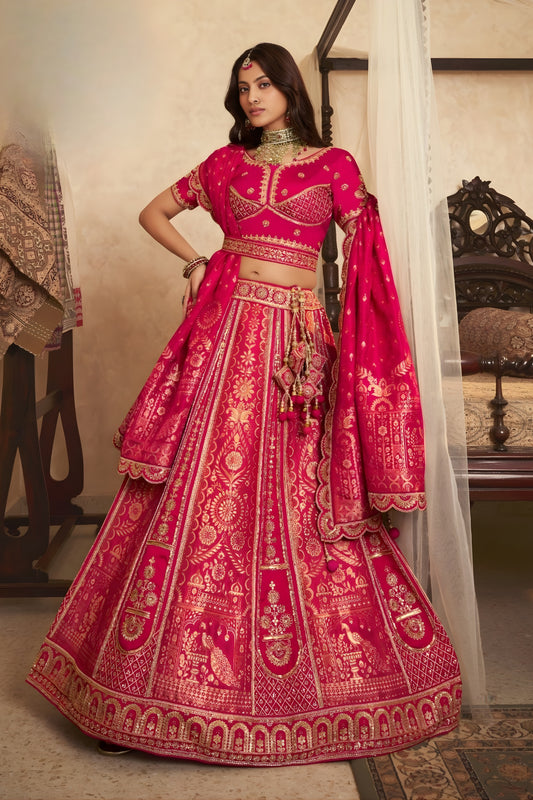 Beautiful Rani Pink Embroidered Banarasi Silk Lehenga Choli with Dupatta for Wedding