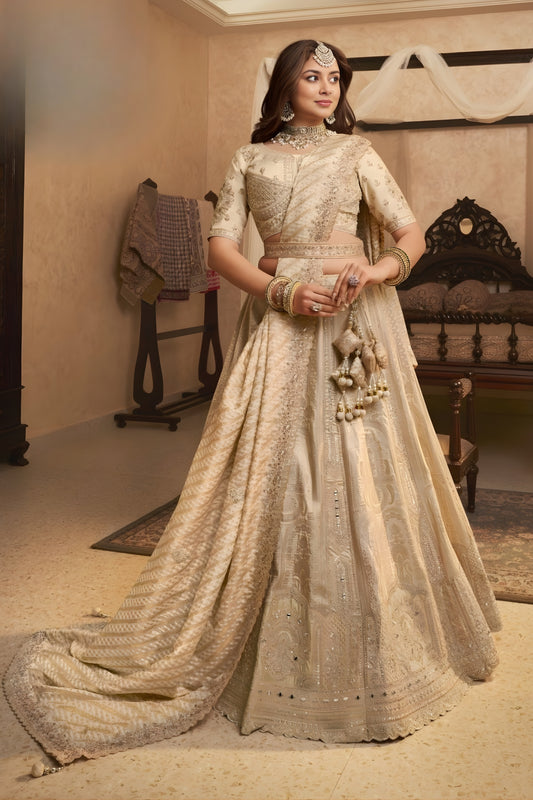 Wonderful Beige Embroidered Banarasi Silk Lehenga Choli with Dupatta for Wedding