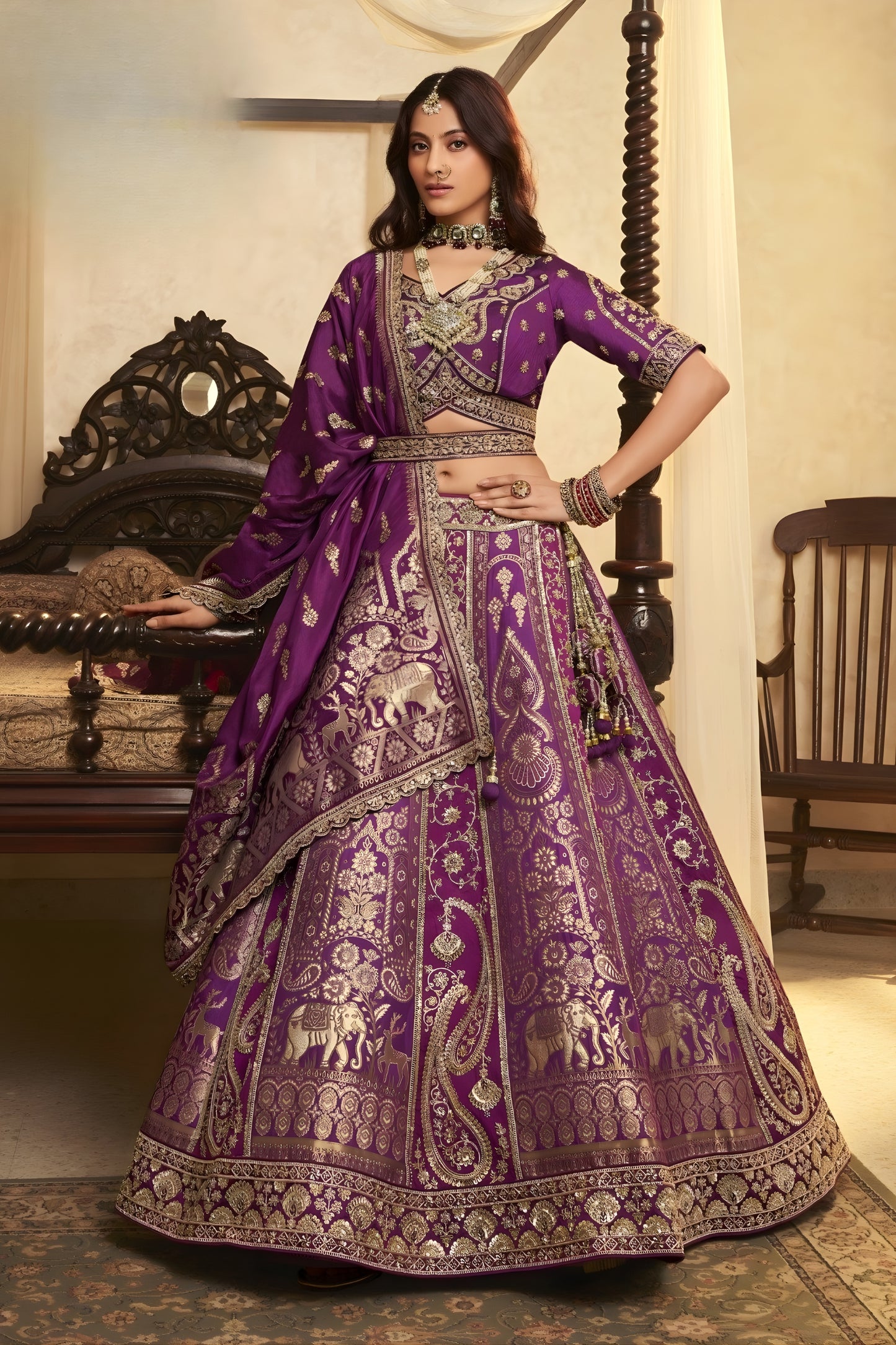 Splendid Purple Embroidered Banarasi Silk Lehenga Choli with Dupatta for Wedding