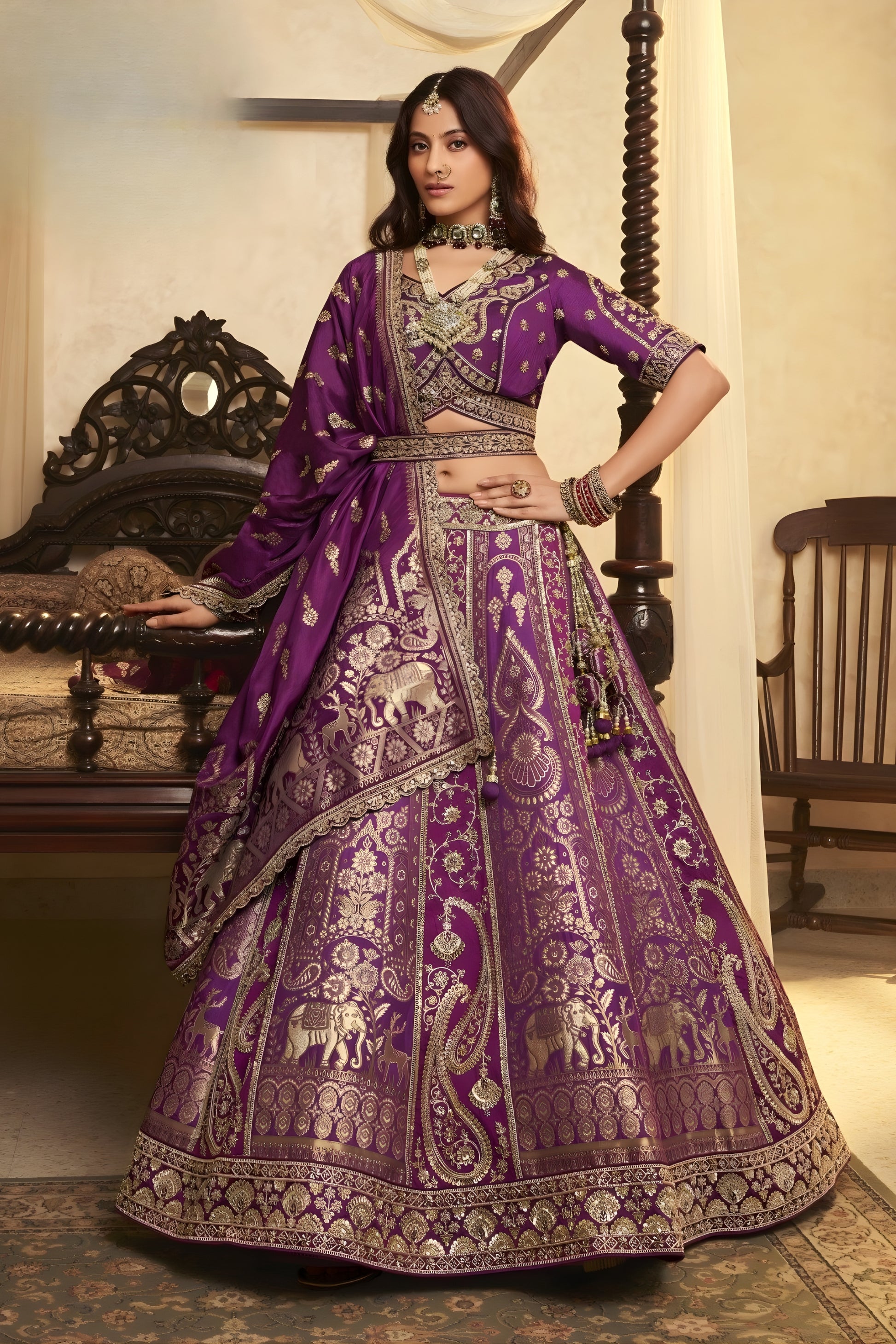 Splendid Purple Embroidered Banarasi Silk Lehenga Choli with Dupatta for Wedding