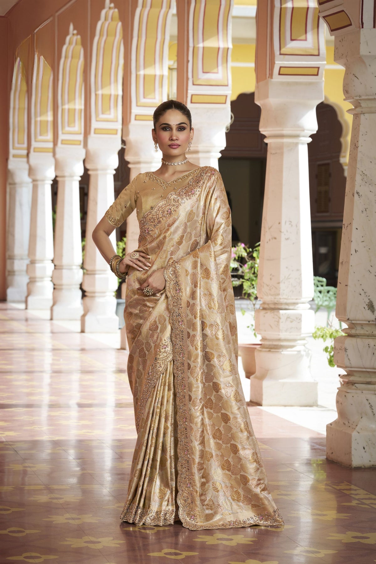 Regal Beige Kanjivaram Soft Silk Saree with Beads Work for Women