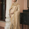Luxurious Beige Kanjivaram Soft Silk Saree with Beads Work for Women