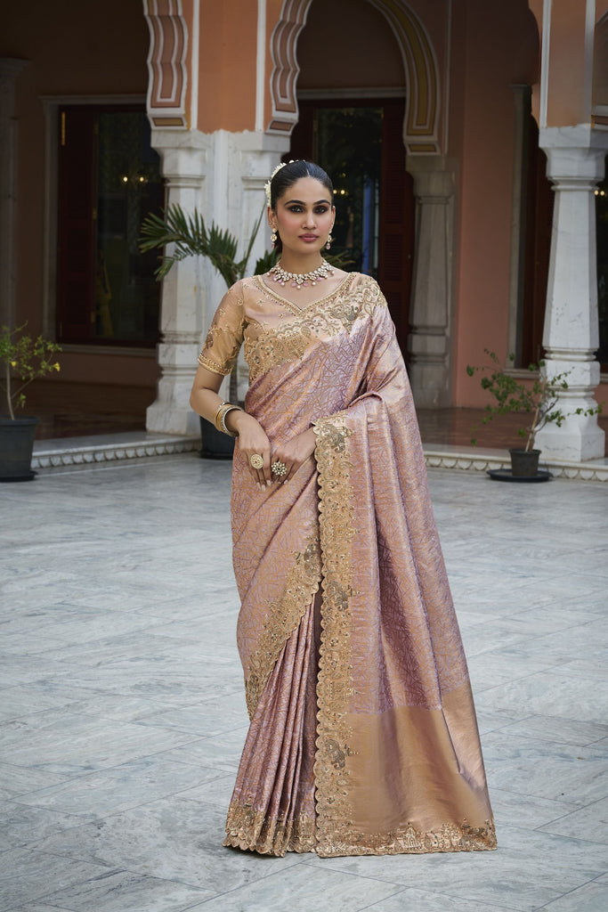 Enchanting Lavender Kanjivaram Soft Silk Saree with Beads Work for Women