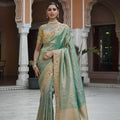 Distinctive Sea Green Kanjivaram Soft Silk Saree with Beads Work for Women