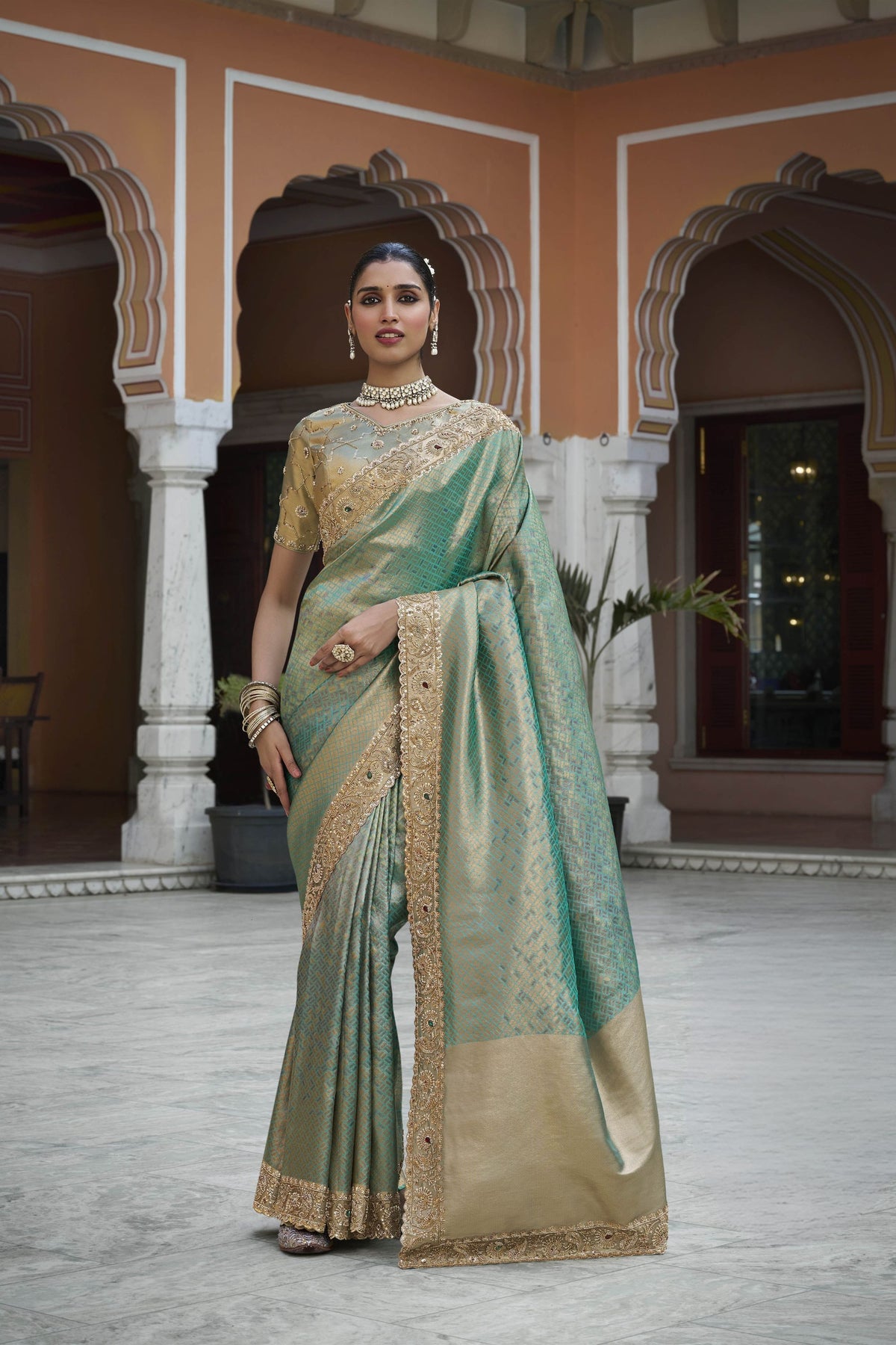 Distinctive Sea Green Kanjivaram Soft Silk Saree with Beads Work for Women