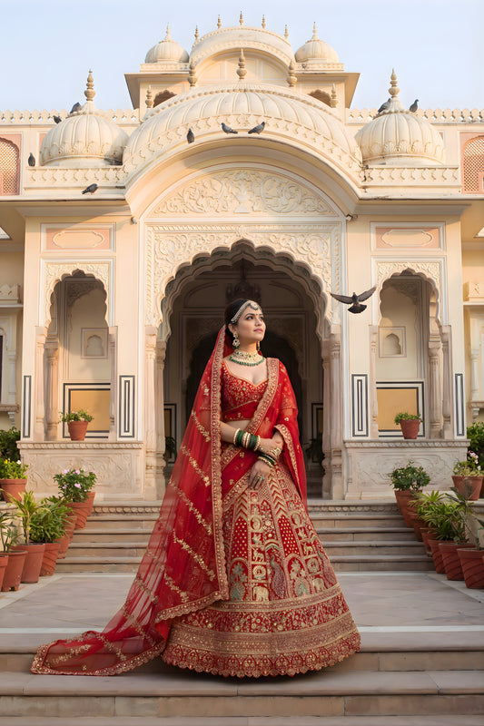 Royal Red Velvet Designer Lehenga Choli with Embroidery Work and Designer Dupatta
