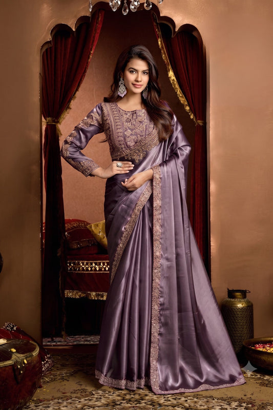 Premium Lavender Tissue Organza Fancy Work Saree for Women