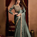 Elegant Sage Green Tissue Organza Fancy Work Saree for Women