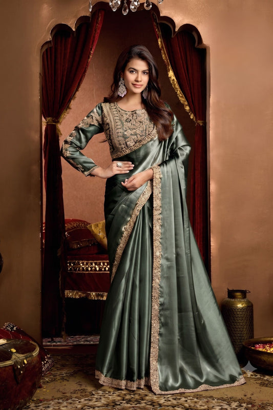 Elegant Sage Green Tissue Organza Fancy Work Saree for Women