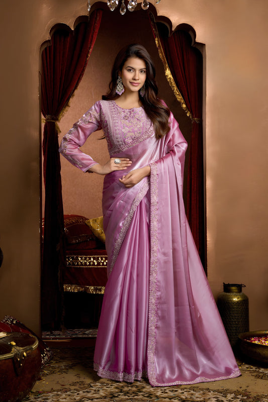 Beautiful Pink Tissue Organza Fancy Work Saree for Women