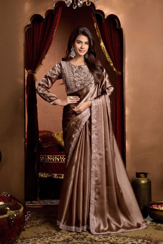 Premium Brown Tissue Organza Fancy Work Saree for Women