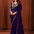 Royal Navy Blue Satin Silk Fancy Work Saree for Women