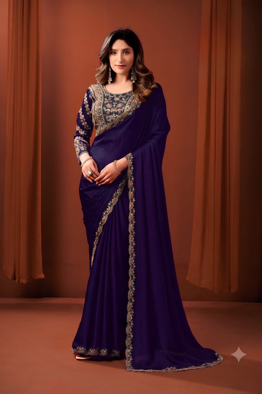 Royal Navy Blue Satin Silk Fancy Work Saree for Women