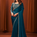 Elegant Teal Blue Satin Silk Fancy Work Saree for Women
