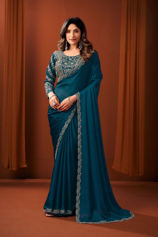 Elegant Teal Blue Satin Silk Fancy Work Saree for Women