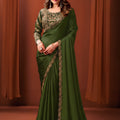 Designer Olive Green Satin Silk Fancy Work Saree for Women