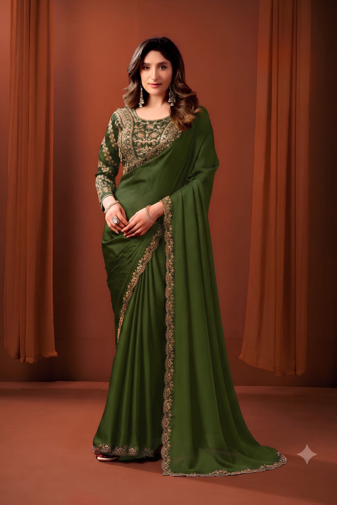 Designer Olive Green Satin Silk Fancy Work Saree for Women