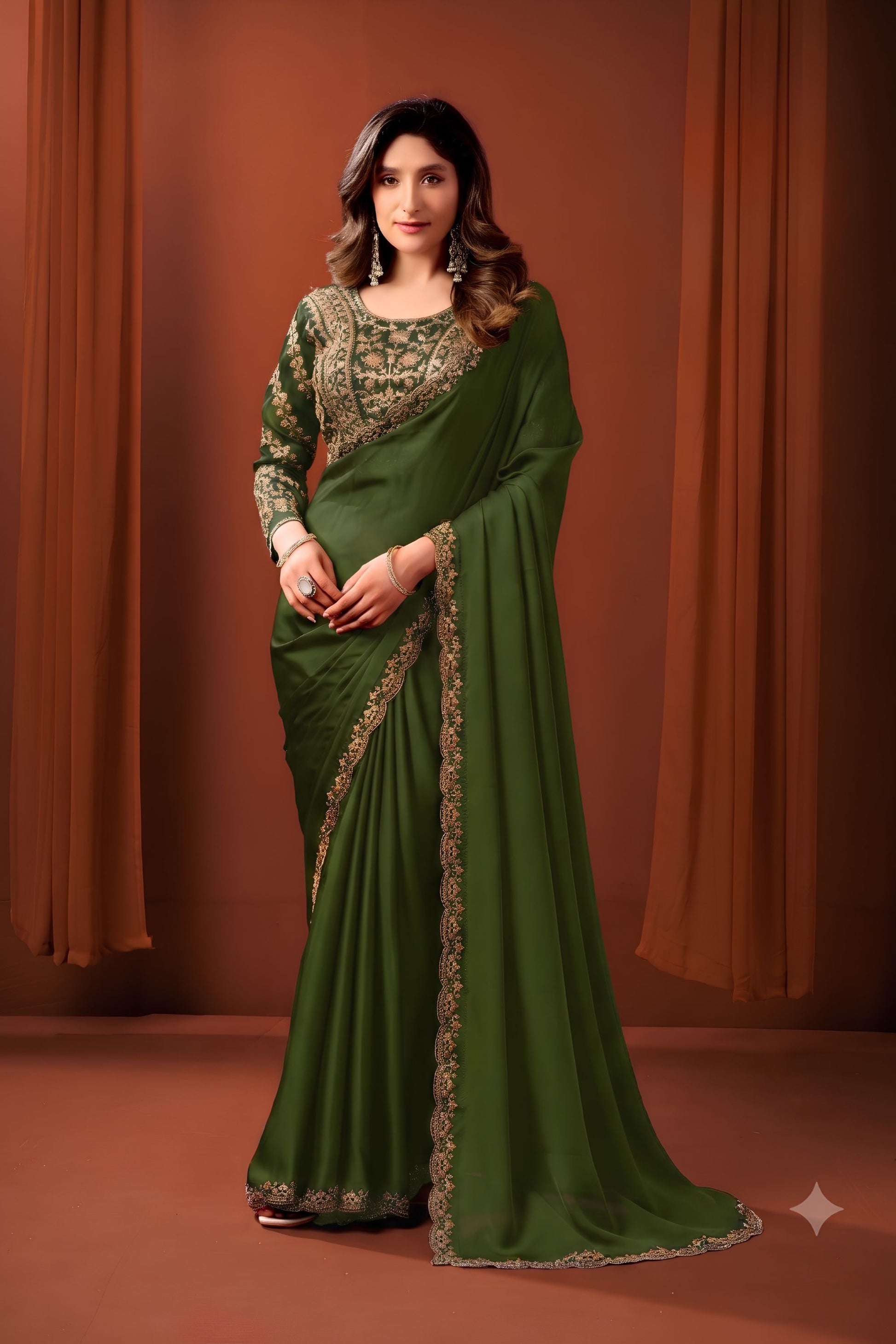 Designer Olive Green Satin Silk Fancy Work Saree for Women