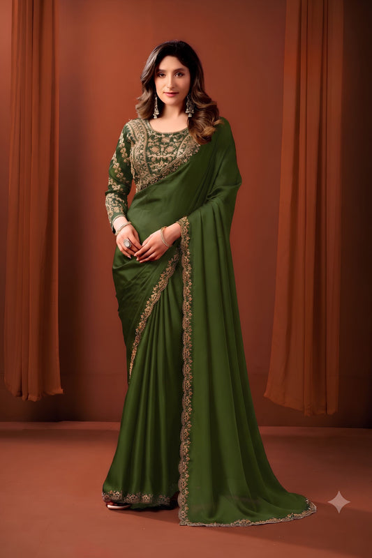 Designer Olive Green Satin Silk Fancy Work Saree for Women