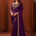 Lovely Purple Satin Silk Fancy Work Saree for Women