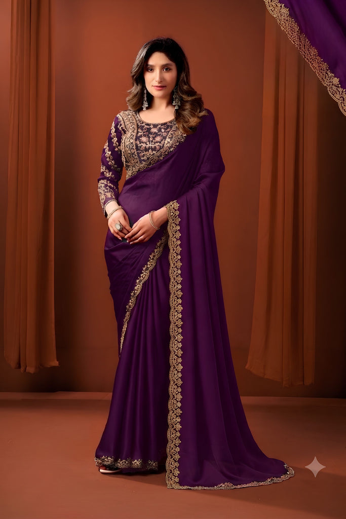 Lovely Purple Satin Silk Fancy Work Saree for Women