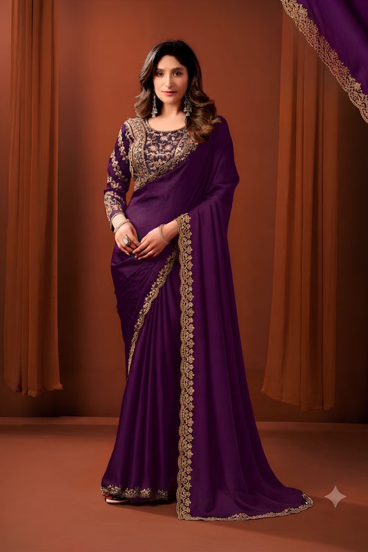 Lovely Purple Satin Silk Fancy Work Saree for Women