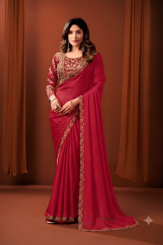 Beautiful Rani Pink Satin Silk Fancy Work Saree for Women