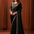 Premium Black Satin Silk Fancy Work Wear Saree for Women