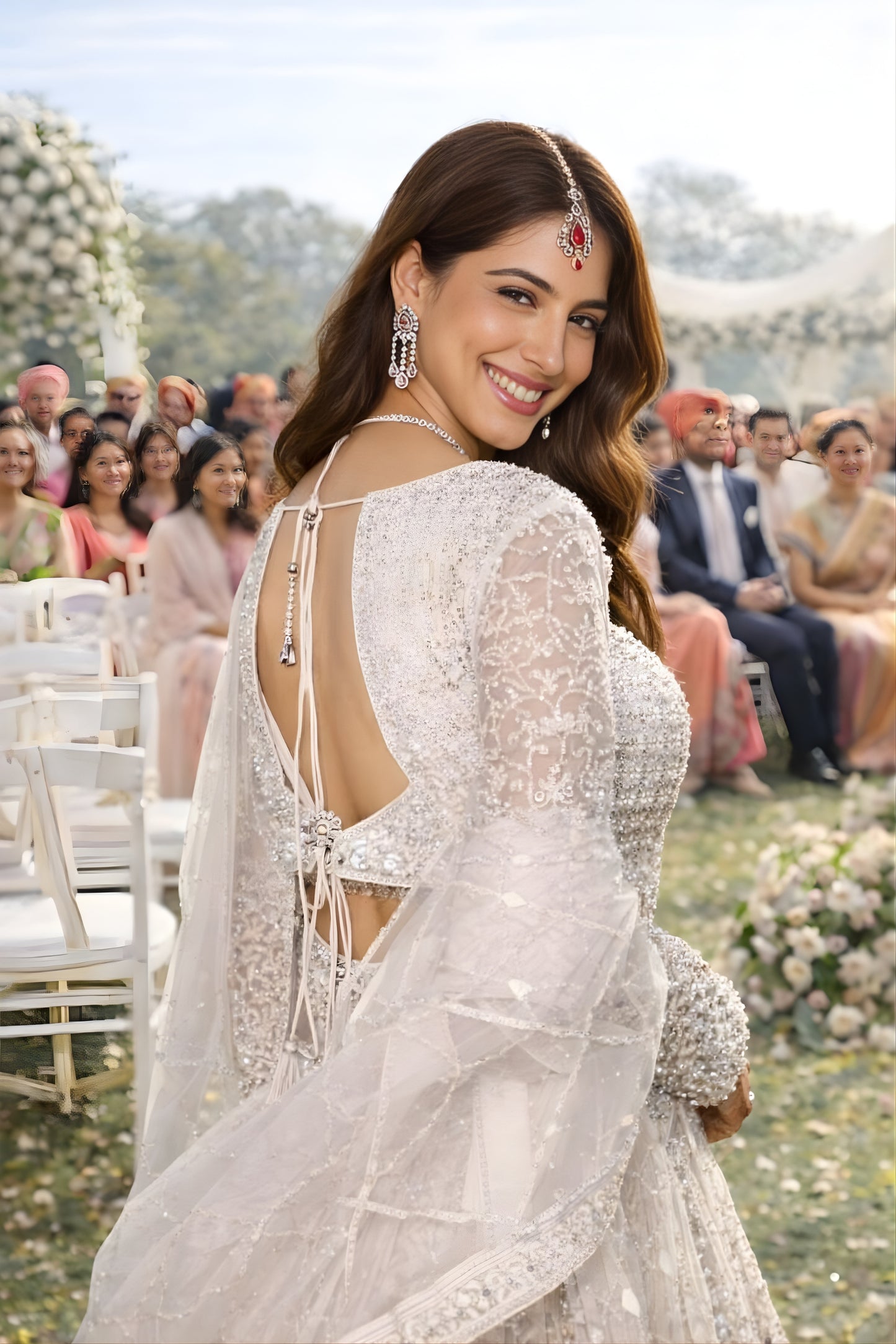 Elegant White Net Embroidered Bridal Lehenga Choli with Full Sleeves for Wedding