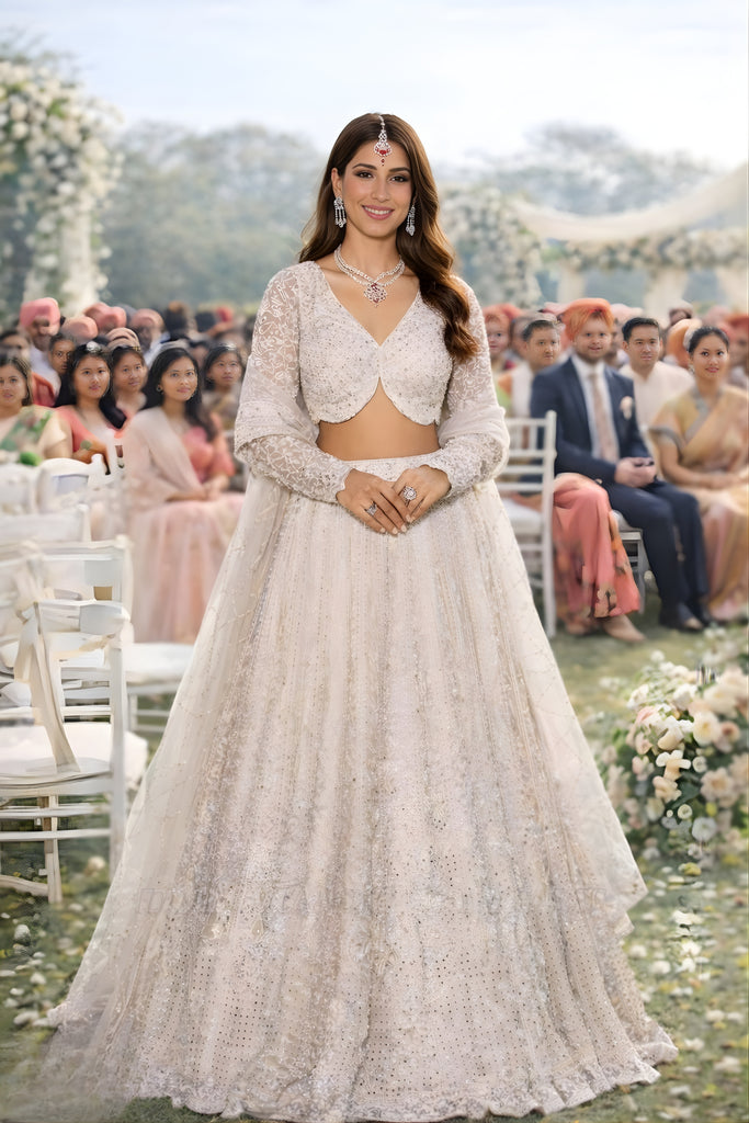 Elegant White Net Embroidered Bridal Lehenga Choli with Full Sleeves for Wedding